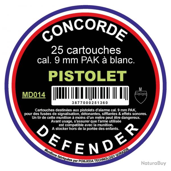 25 Cartouches A Blanc Concorde Defender 9 MM Pour Pistolet