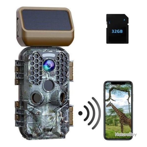 Camra de Chasse 4K 30MP Trail Camra 38*850nm WIFI Bluetooth 120 Panneau solaire +Carte SD 32GO