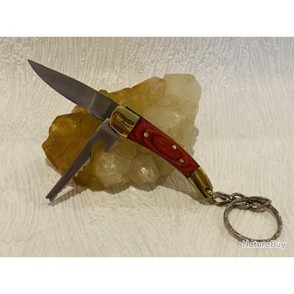 Mini couteau de poche Pcheur 2 lames, porte cl manche en bois rouge.