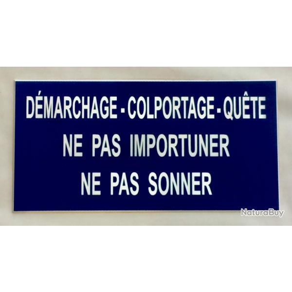 Plaque bleu marine "DMARCHAGE-COLPORTAGE-QUTE NE PAS IMPORTUNER-NE PAS SONNER" format 48 x 100 mm