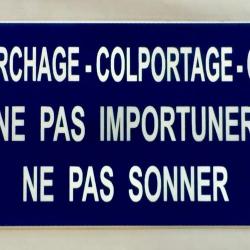 panneau "DÉMARCHAGE-COLPORTAGE-QUÊTE NE PAS IMPORTUNER-NE PAS SONNER" bleu marine format 98 x 200 mm