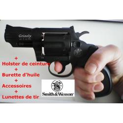 LOT: Revolver  9 mm Smith et Wesson Grissly, + holster de ceinture + huile + alarme + accessoires