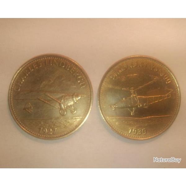 Lot 2 Mdaillons Shell de 1968 : Sikorsky VS-300 et Charles Lindbergh.
