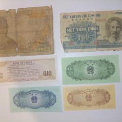 Lot 6 billets Indochine, Vietnam, chine.