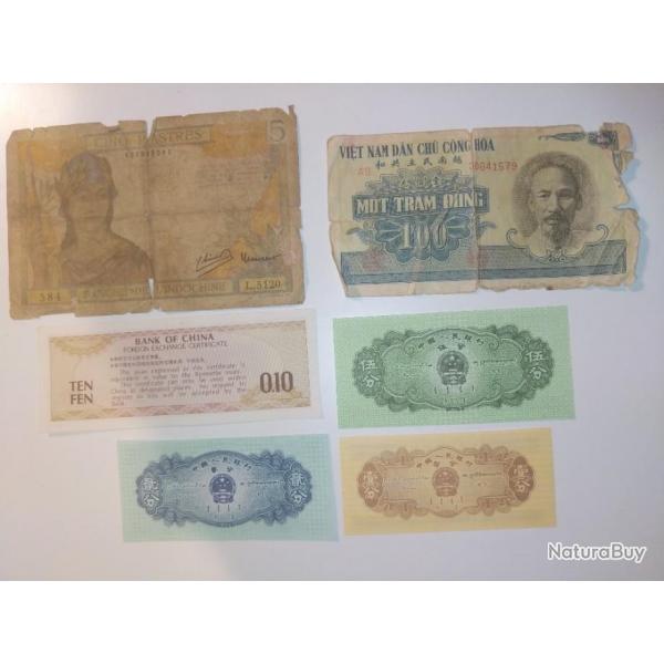 Lot 6 billets Indochine, Vietnam, chine.