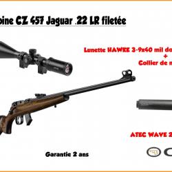 Pack CZ 457 Jaguar .22 LR filetée + hawke 3-9x40 + silencieux 