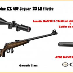 Pack CZ 457 Jaguar .22 LR filetée + hawke 3-12x50 + silencieux 