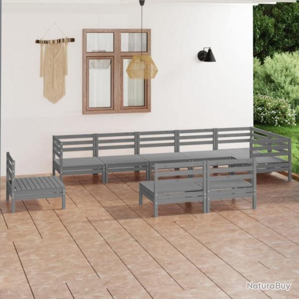 Salon de jardin 9 pcs Bois de pin massif Gris