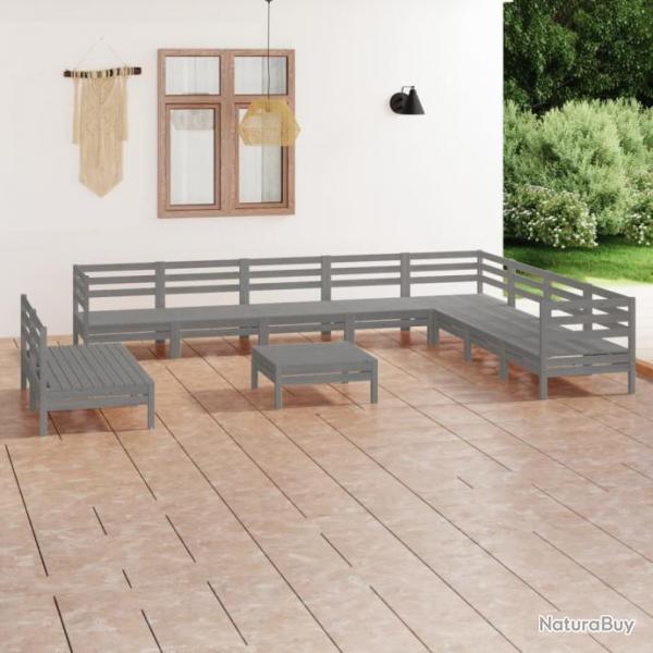 Salon de jardin 11 pcs Bois de pin massif Gris