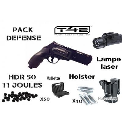 Pack Walther T4E HDR 50, 11 Joules+ 50 BILLES + 10 CARTOUCHES+ lampe + holster+ mallette 