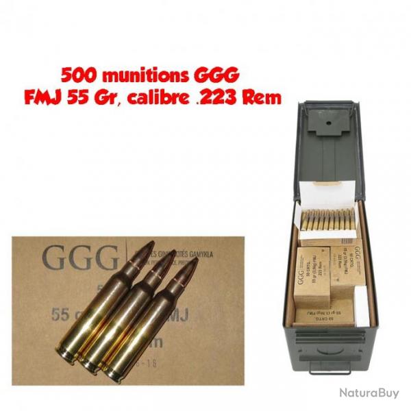 500 munitions GGG FMJ 55 Gr, calibre .223 Rem 