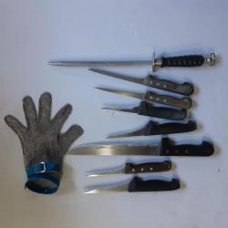 Lot couteaux de boucher et gant cotte de mailles anti coupure