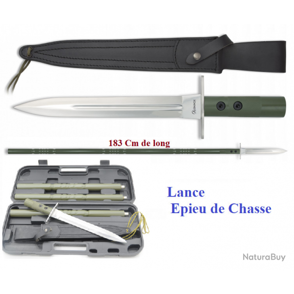 Couteau Lance Epieu de chasse manche alu vert olive  avec Etui cuir DE 183 cm
