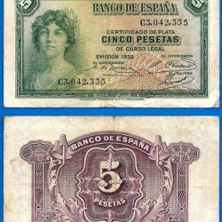 Espagne 5 Pesetas 1935 Europe Billet Peseta Spain