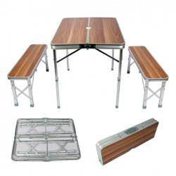 Table pliante valise aluminium 2 bancs table de camping finition 90 cm en bois fête barbecue 16_000