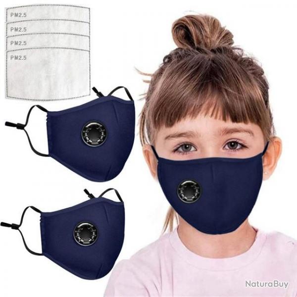 Lot de 2 Masques Enfant PM2.5 Bleus avec Valve + 4 Filtres. Sangles Rglables, Port Confortable