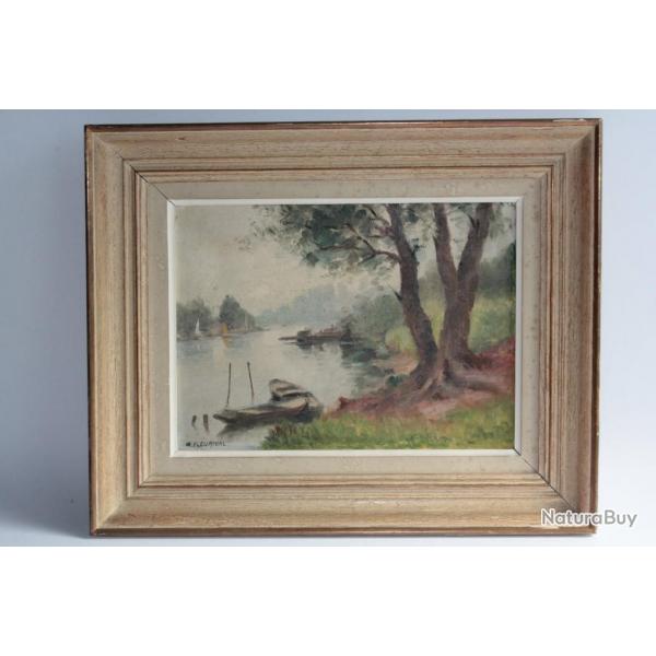 Tableau peinture Maurice FLEURIVAL Bord de rivire anim