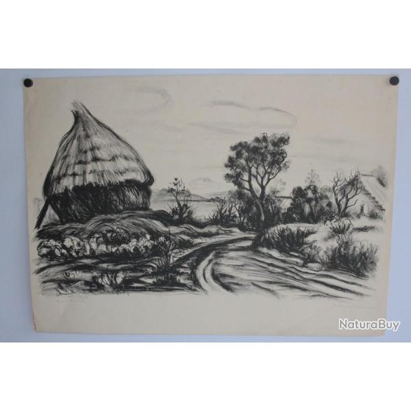 Lithographie originale Paysage au toit de chaume Ren DEMEURISSE