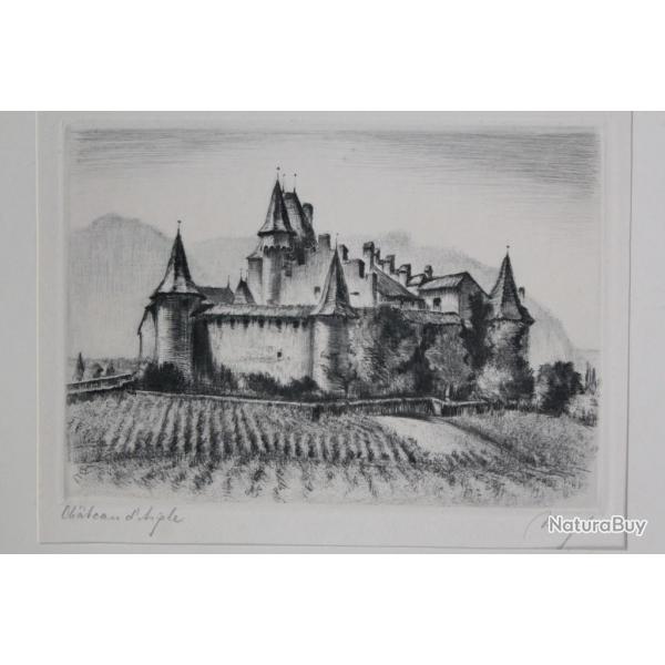 Lithographie originale Heinrich Jakob ZIEGLER Chteau d'Aigle Suisse