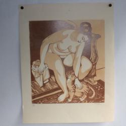 Lithographie originale Henry MEYLAN Femme nue et chat