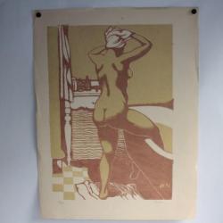 Lithographie originale Henry MEYLAN Femme nue sortant du bain