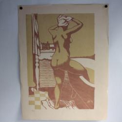 Lithographie originale Henry MEYLAN Femme nue sortant du bain