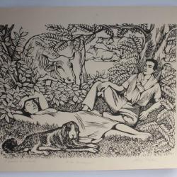 Lithographie originale Henry MEYLAN A la campagne