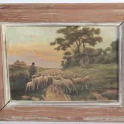 Tableau Peinture à l'huile Berger et son troupeau Moutons A Menegaux