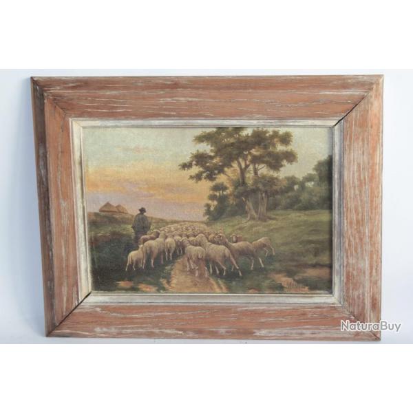 Tableau Peinture  l'huile Berger et son troupeau Moutons A Menegaux