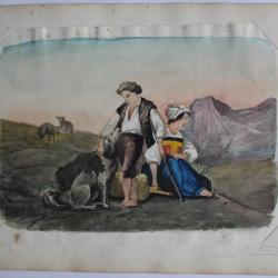 Aquarelle originale Albert Jeanrenaud Bergers Alpes Suisse