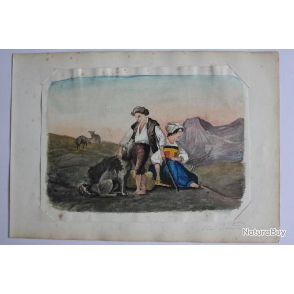 Aquarelle originale Albert Jeanrenaud Bergers Alpes Suisse