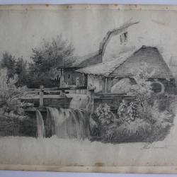 Dessin original Albert Jeanrenaud Ferme XIXe siècle Suisse