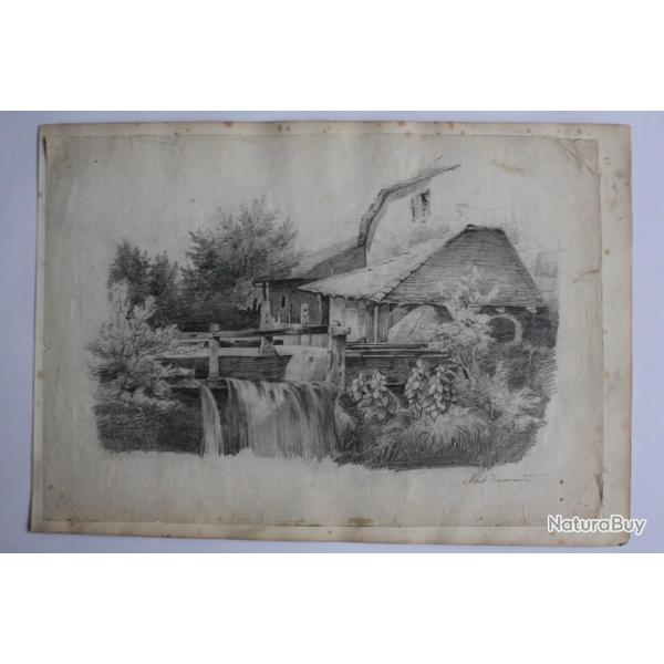 Dessin original Albert Jeanrenaud Ferme XIXe sicle Suisse