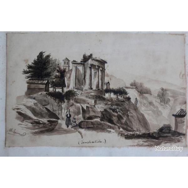 Dessin original Lavis Albert Jeanrenaud Temple de Vesta Italie