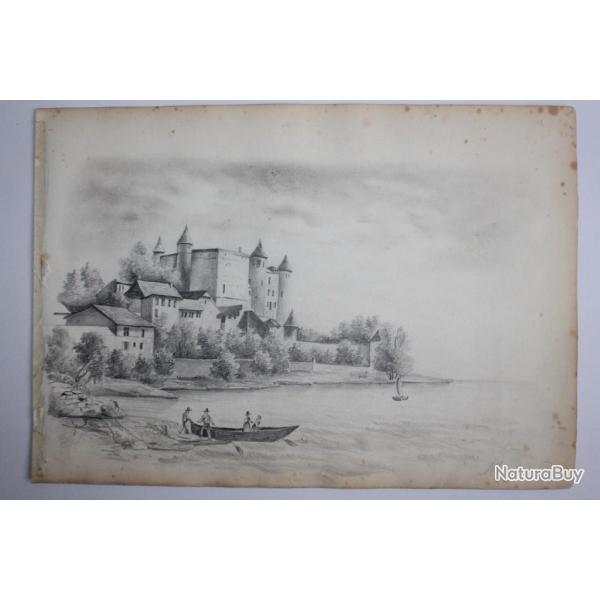 Dessin original Albert Jeanrenaud Chteau Lac Suisse
