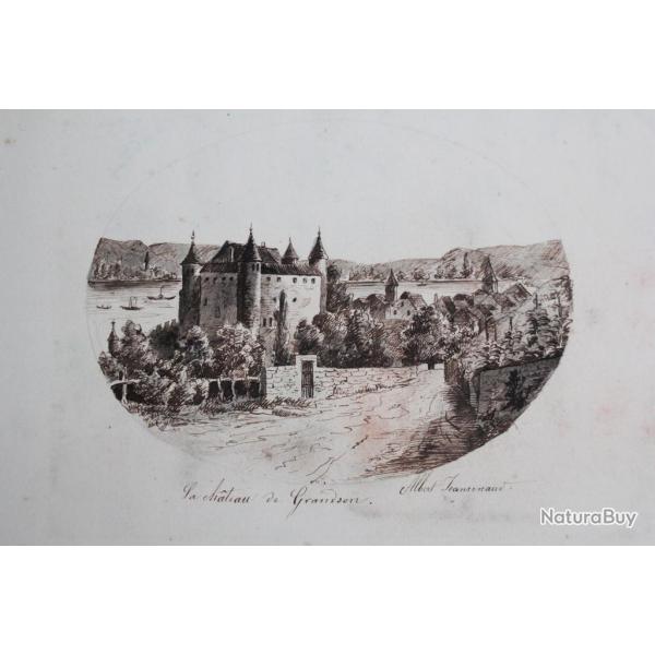 Dessin original Albert Jeanrenaud Chteau de Grandson Suisse