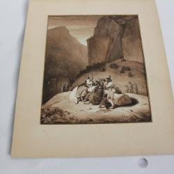 Jean Gabriel SCHEFFER Dessin original sépia Chasseurs en montagne 1825