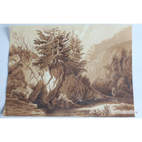 Franois DIDAY Dessin original  l'encre spia Paysage Alpin Suisse