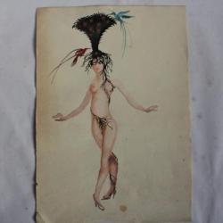 Dessin original Aquarelle Femme nue aux oiseaux