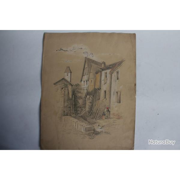 Dessin original au crayon rhauss XIXe sicle