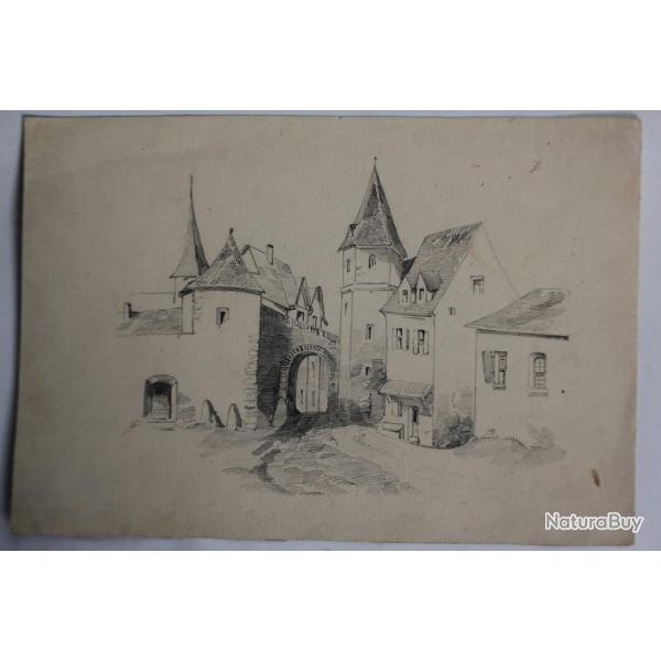 Dessin original au crayon Village XIXe sicle
