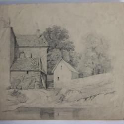 Dessin original au crayon Ferme XIXe siècle