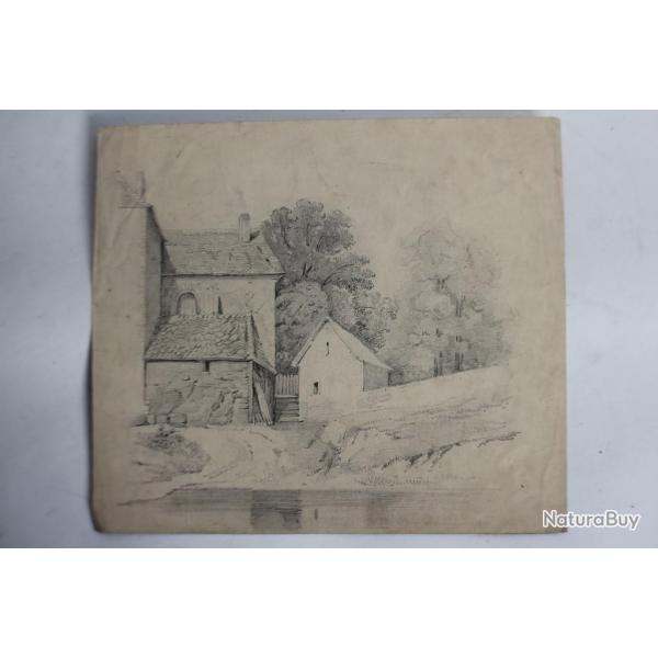 Dessin original au crayon Ferme XIXe sicle