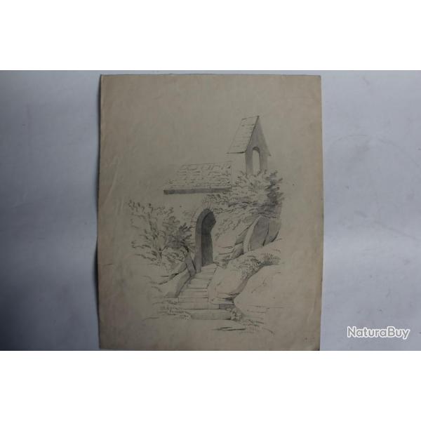 Dessin original au crayon Chapelle XIXe sicle