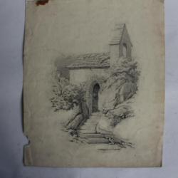 Dessin original au crayon Chapelle XIXe siècle