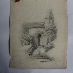 Dessin original au crayon Chapelle XIXe siècle
