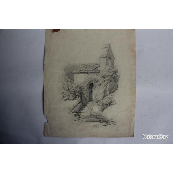 Dessin original au crayon Chapelle XIXe sicle