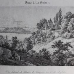 Lithographie Château de Prangins Lac Genève Suisse Delpech 1822