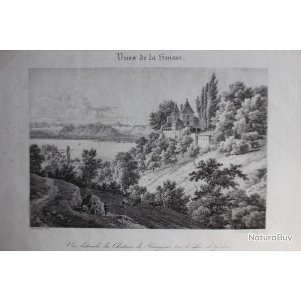 Lithographie Chteau de Prangins Lac Genve Suisse Delpech 1822