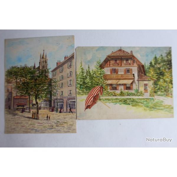 Aquarelles originales Lausanne / Grange-Canal (Genve) Suisse